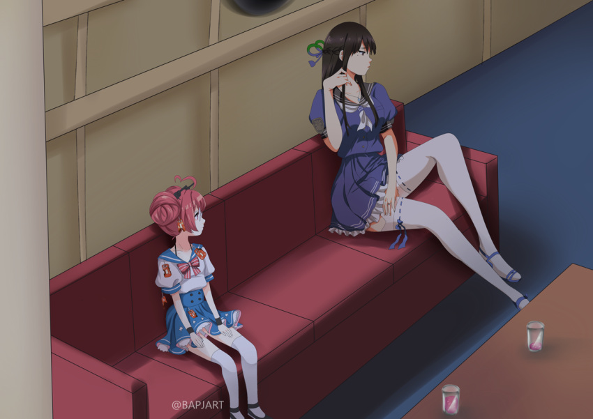 2girls ahoge alternate_hairstyle beta_(joutarou) black_footwear black_hair black_wristband blue_dress blue_ribbon braid burnt_clothes collarbone commentary couch cup double_bun dress drinking_glass english_commentary french_braid glasses green_ribbon hand_on_own_thigh hands_in_hair heart_ahoge iowa_(pacific) jewelry kimi_no_na_wa lace lace-trimmed_legwear layered_dress looking_at_another looking_away miyamizu_mitsuha mole mole_under_eye multiple_girls necklace night no_hat no_headwear omamori pacific puffy_short_sleeves puffy_sleeves red_eyes redhead ribbon ribbon-trimmed_legwear ribbon_trim sailor_dress short_sleeves sidelocks star star_necklace strappy_heels thigh-highs twitter_username warship_girls_r white_legwear william_d_porter_(warship_girls_r)