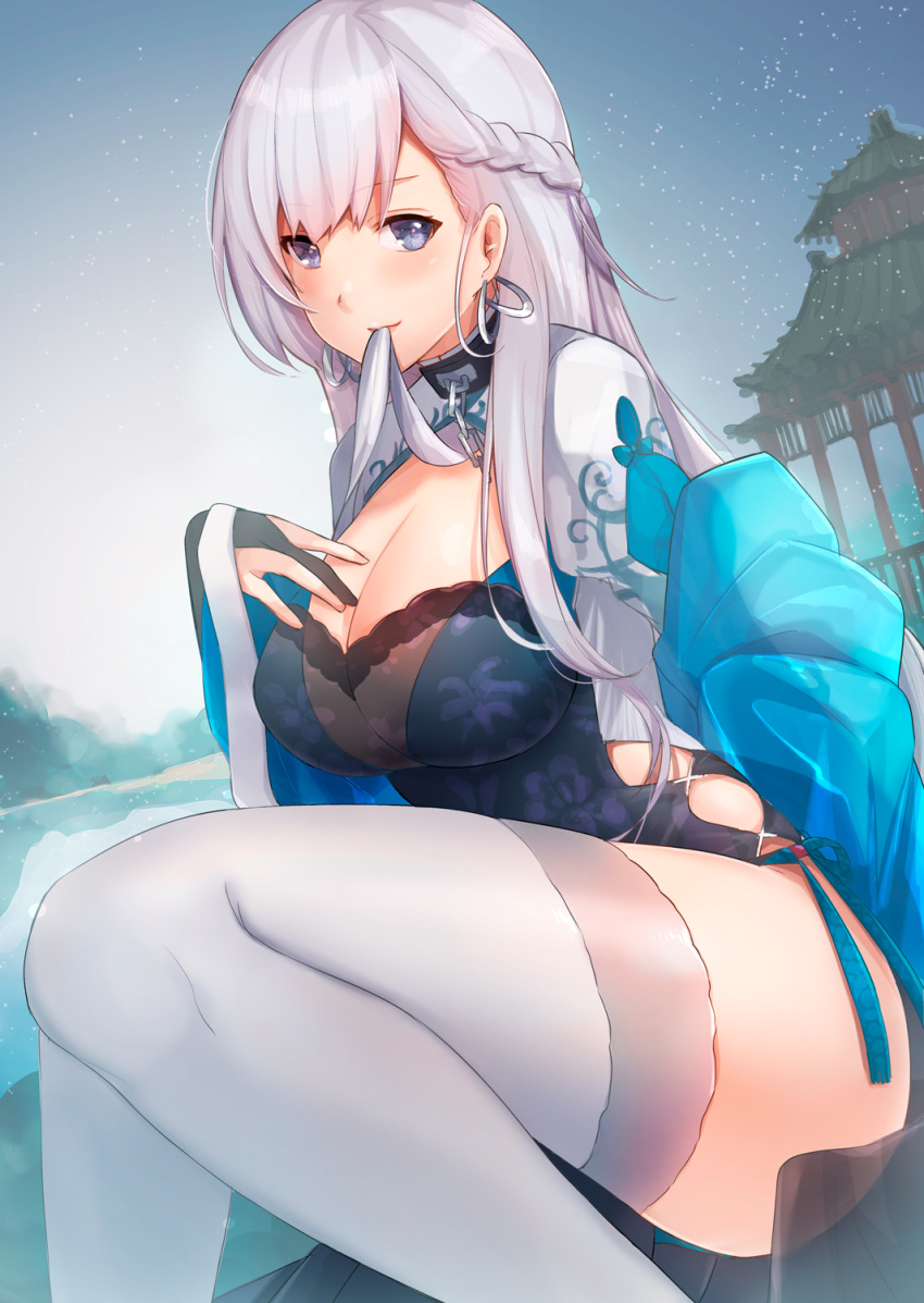 1girl alternate_costume azur_lane belfast_(azur_lane) belfast_(iridescent_rose)_(azur_lane) black_gloves blue_dress blue_eyes blue_panties blush braid breasts chains china_dress chinese_clothes cleavage cleavage_cutout collar commentary_request dress earrings eyebrows_visible_through_hair french_braid gloves hand_on_own_chest highres jewelry kelly_0w0 large_breasts long_hair long_sleeves looking_at_viewer outdoors panties partly_fingerless_gloves pelvic_curtain side-tie_panties side_braid side_slit silver_hair sitting smile solo string_panties thigh-highs thighs underwear white_legwear