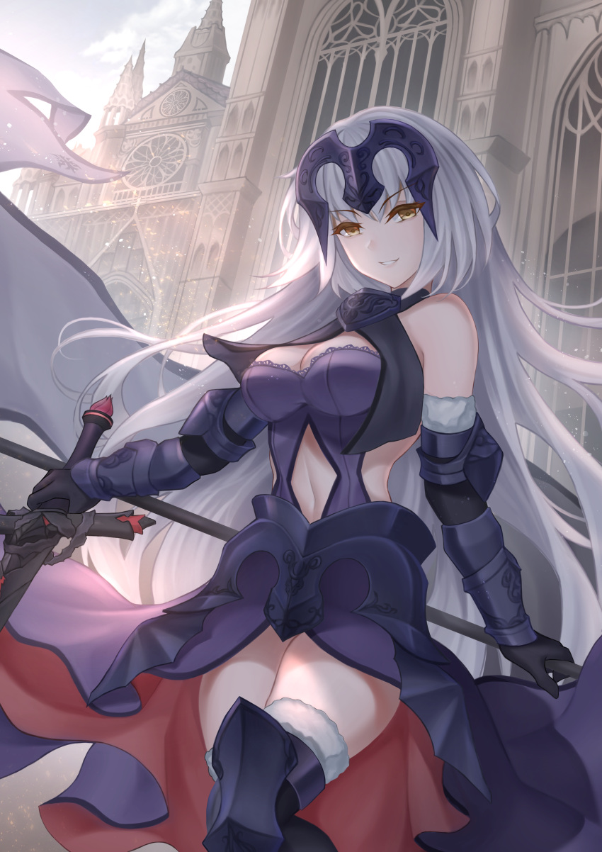 absurdres armor armored_dress bangs breasts cape commentary_request fate/grand_order fate_(series) fur-trimmed_cape fur_collar fur_trim gauntlets headpiece highres jeanne_d'arc_(alter)_(fate) jeanne_d'arc_(fate)_(all) large_breasts misaki159123 short_hair silver_hair sword thigh-highs tsurime weapon yellow_eyes