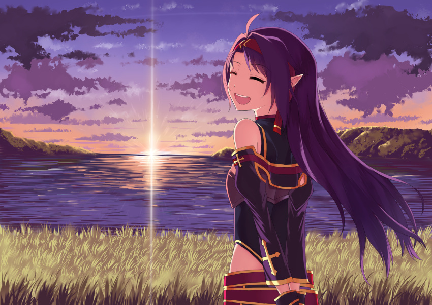 1girl :d ^_^ ahoge arms_behind_back bare_shoulders black_shirt blush closed_eyes closed_eyes clouds cloudy_sky commentary_request detached_sleeves grass gyahu hairband highres horizon juliet_sleeves long_hair long_sleeves ocean open_mouth outdoors pointy_ears puffy_sleeves purple_hair purple_sleeves red_hairband round_teeth shirt sky sleeveless sleeveless_shirt smile solo sunlight sunset sword_art_online teeth upper_teeth very_long_hair water yuuki_(sao)