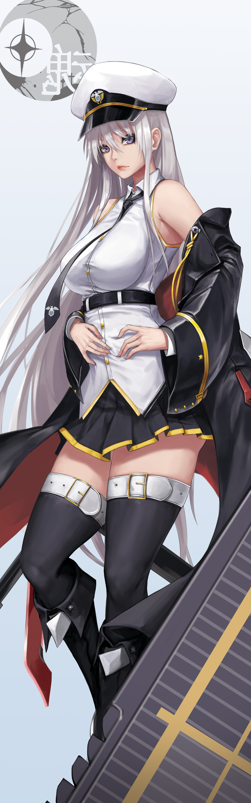 1girl absurdres azur_lane bangs bare_shoulders black_coat black_jacket black_neckwear black_skirt closed_mouth coat collared_shirt commentary_request enterprise_(azur_lane) hands_on_own_stomach hat highres jacket kibellin long_hair looking_at_viewer military military_hat miniskirt necktie off_shoulder open_clothes open_coat peaked_cap pleated_skirt shirt silver_hair skirt sleeveless sleeveless_shirt standing thigh-highs thighs underbust very_long_hair violet_eyes white_hat