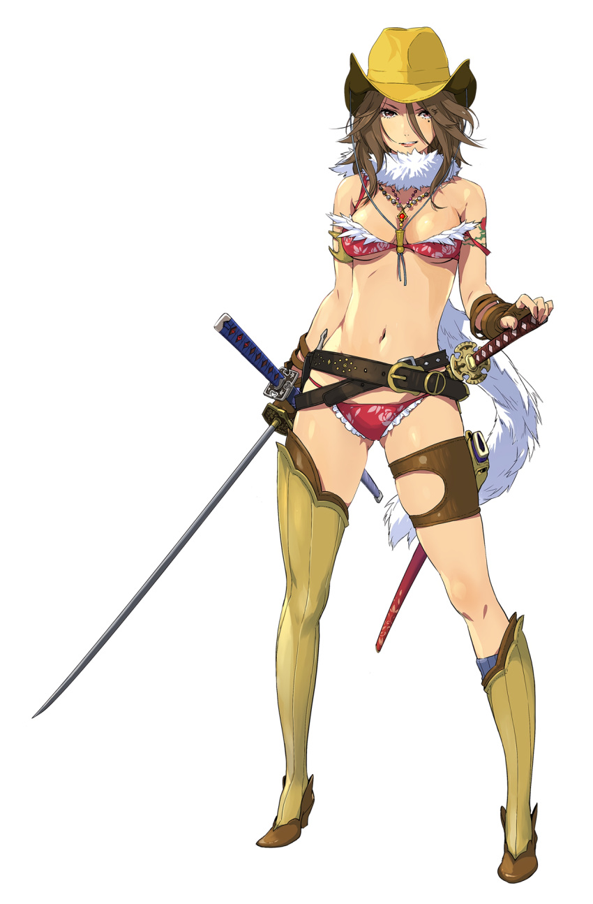 1girl arm_tattoo asymmetrical_legwear aya_(oneechanbara) bikini brown_eyes brown_hair crossed_belts enami_katsumi fingerless_gloves floral_print full_body fur_trim gloves grin hair_between_eyes hat high_heels highres holding holding_sword holding_weapon holster jewelry katana kneehighs long_hair looking_at_viewer mole mole_under_eye necklace official_art oneechanbara sheath sheathed simple_background smile solo standing swimsuit sword tattoo thigh-highs thigh_holster weapon white_background