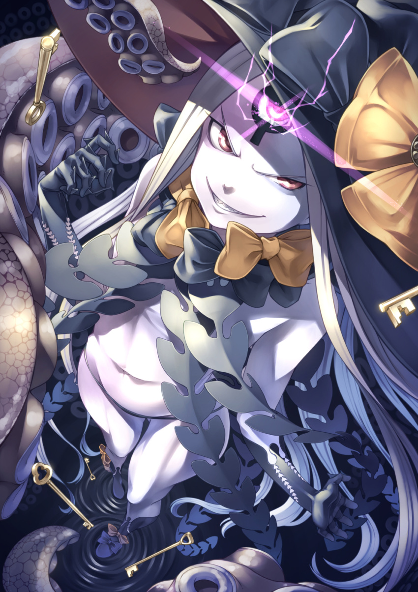 1girl abigail_williams_(fate/grand_order) bangs black_bow black_gloves black_hat black_panties blonde_hair bow evil_grin evil_smile fate/grand_order fate_(series) foreshortening from_above gloves grin hat highres kazuki_seihou key keyhole long_hair looking_at_viewer orange_bow panties parted_bangs polka_dot polka_dot_bow purple_bow red_eyes revealing_clothes sharp_teeth sleeves_past_fingers sleeves_past_wrists smile solo standing teeth tentacle underwear very_long_hair witch_hat