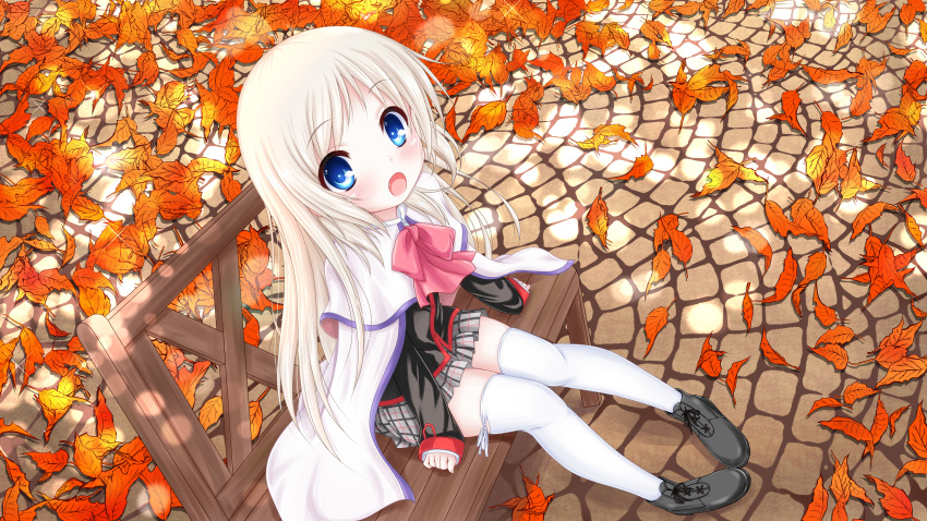 1girl absurdres autumn autumn_leaves bench black_jacket blazer blonde_hair blue_eyes brown_skirt cape fang highres huge_filesize jacket kud_wafter kuu_(tempote1) leaf little_busters!! long_hair noumi_kudryavka open_mouth plaid plaid_skirt school_uniform shoes sitting skirt smile solo thigh-highs white_cape white_legwear
