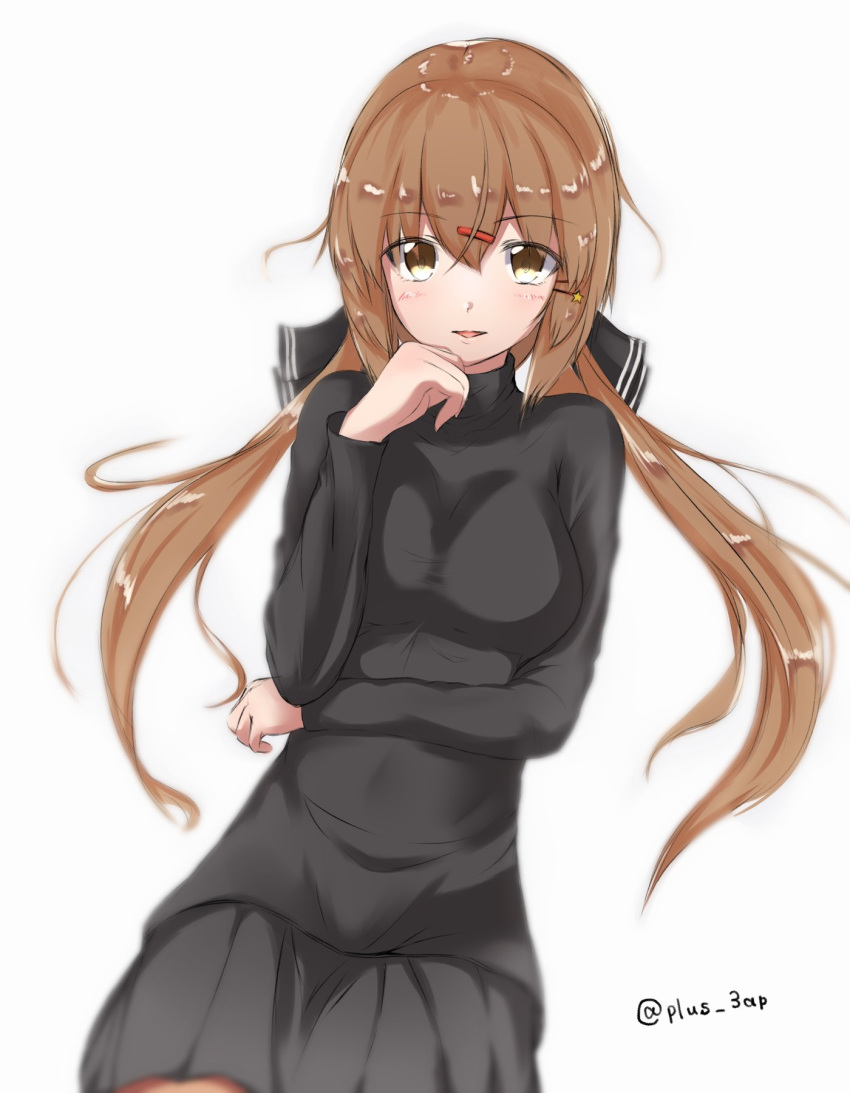 1girl black_bow black_skirt black_sweater blush bow breasts brown_eyes brown_hair brown_legwear hair_between_eyes hair_bow hair_ornament hairclip highres kantai_collection large_breasts long_hair long_sleeves low_twintails open_mouth saplus simple_background skirt solo sweater tashkent_(kantai_collection) twintails white_background