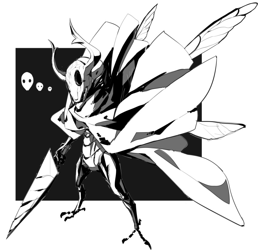 absurdres cloak helmet highres holding holding_sword holding_weapon hollow_knight horned_helmet insect_boy insect_wings knight_(hollow_knight) makai redesign sword two-tone_background weapon wings