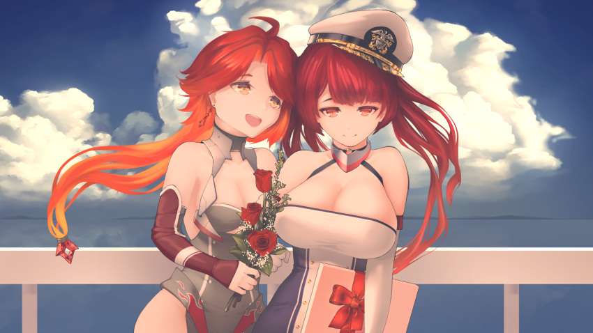 2girls ahoge azur_lane bare_shoulders blue_sky box breasts cleavage clouds commentary covered_nipples earrings elbow_gloves english_commentary flower gift gift_box gloves highres holding holding_flower holding_gift honolulu_(azur_lane) jewelry large_breasts long_hair looking_at_viewer multiple_girls open_mouth orange_eyes phoenix_(azur_lane) ponytail railing redhead rose siblings sisters sky small_breasts smile tamasu twintails yellow_eyes