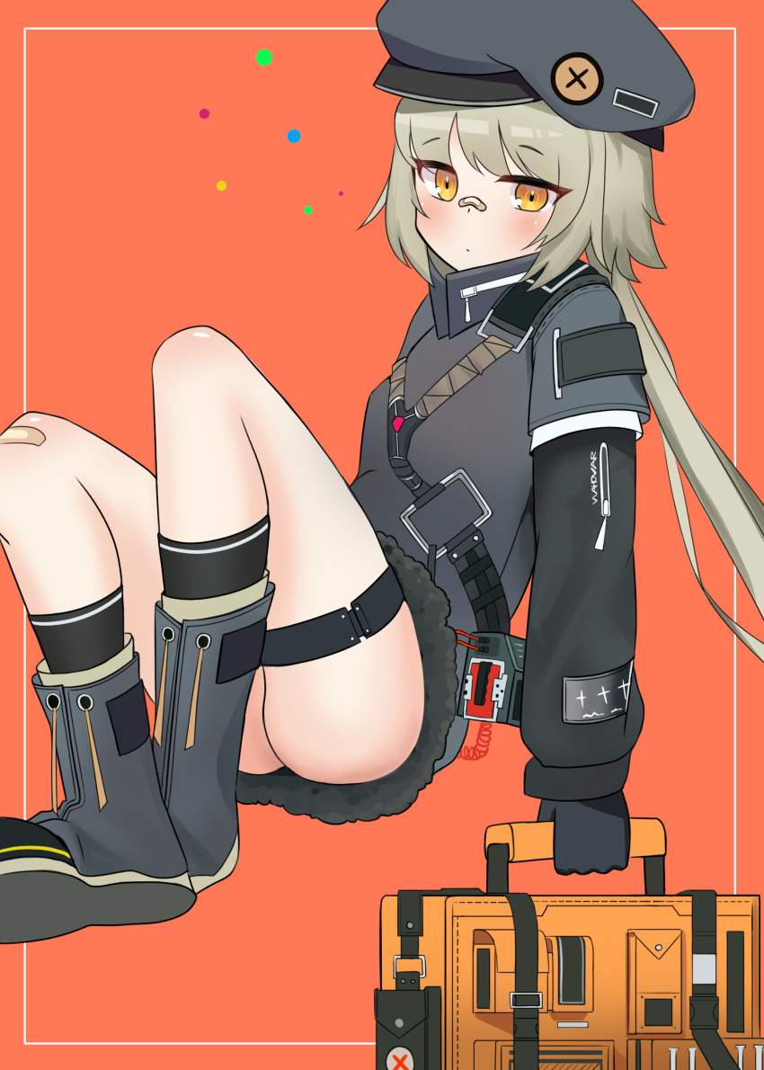 1girl absurdres bandaid bandaid_on_knee bandaid_on_nose beret blush boots commentary_request finesoda full_body girls_frontline gloves grey_hair hat highres hips hs2000_(girls_frontline) long_hair orange_background ponytail simple_background sitting solo trench_coat yellow_eyes