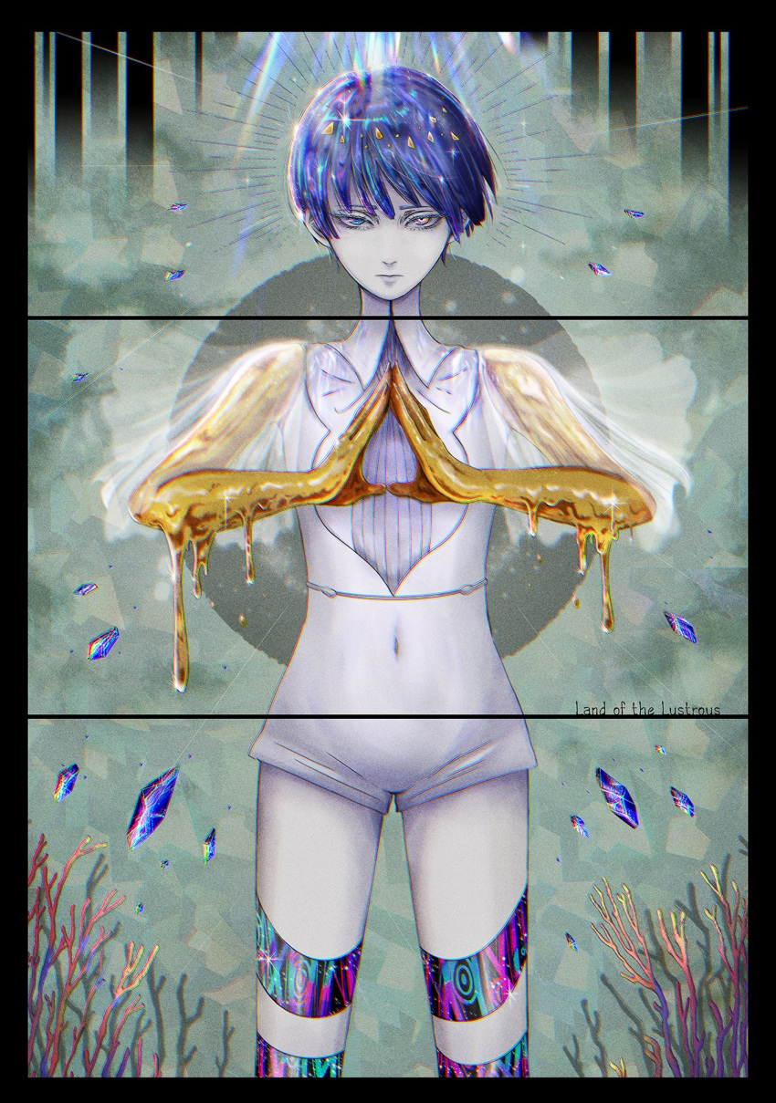 1other androgynous blue_eyes blue_hair copyright_name crystal_hair glowing glowing_hair golden_arms heterochromia highres houseki_no_kuni looking_at_viewer melting necktie phosphophyllite phosphophyllite_(ll) sad shards short_hair solo spoilers white_eyes white_skin