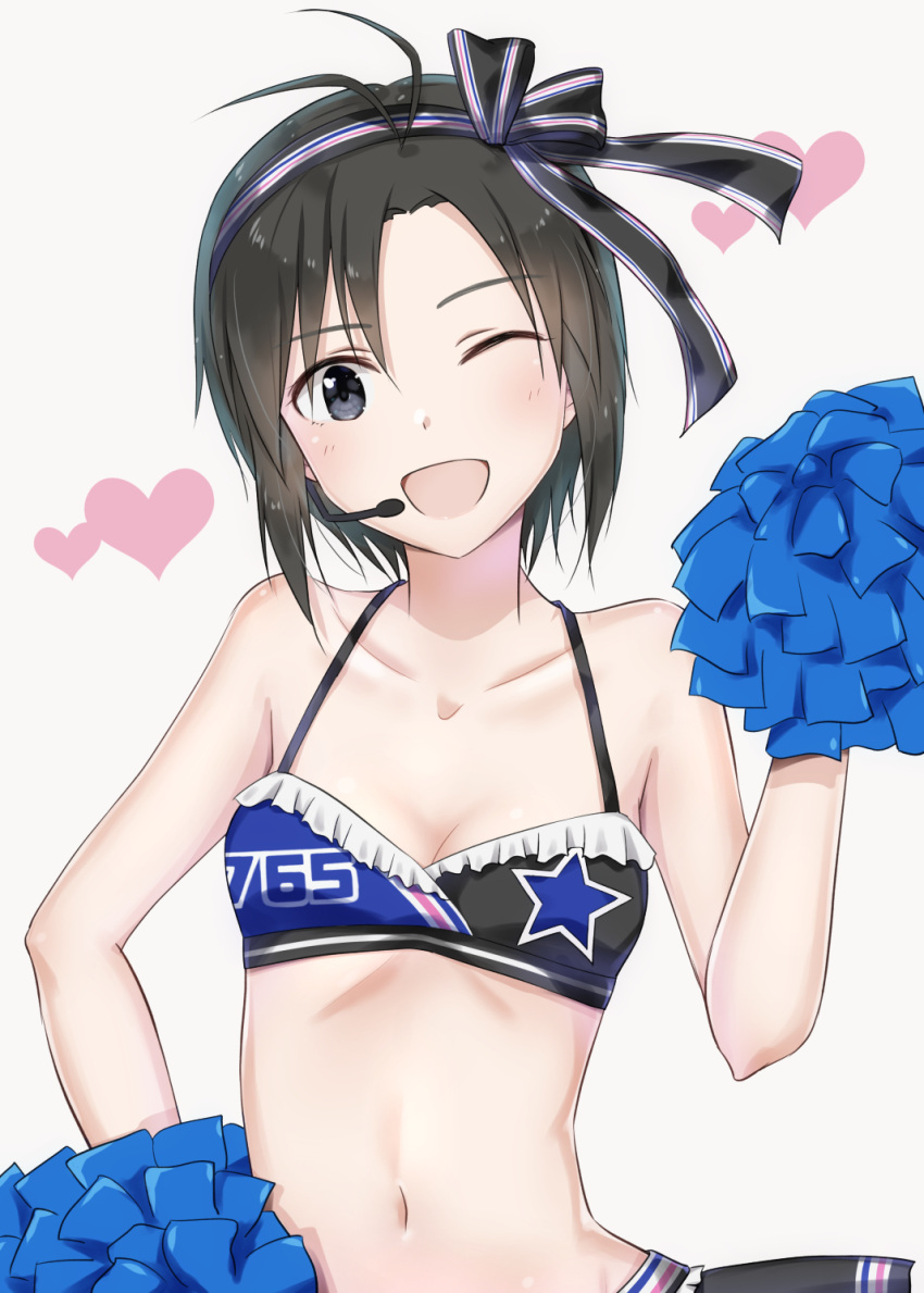 1girl ;d antenna_hair bikini black_eyes black_hair breasts cleavage collarbone frilled_bikini_top hairband heart highres idolmaster idolmaster_(classic) kikuchi_makoto looking_at_viewer microphone midriff mogskg navel one_eye_closed open_mouth pom_poms print_bikini print_bikini_top short_hair simple_background small_breasts smile solo standing star star_print stomach striped striped_hairband swimsuit upper_body white_background