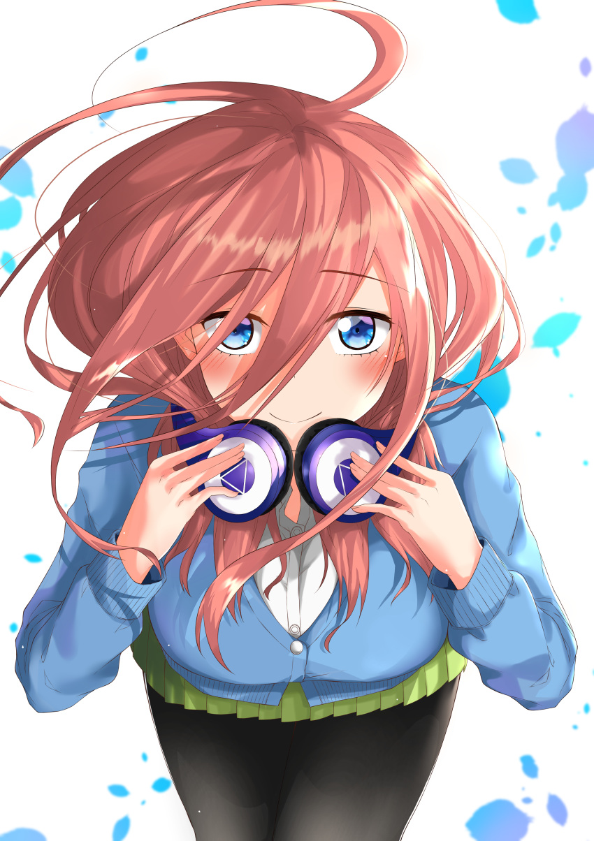1girl absurdres bangs bending_forward black_legwear blue_eyes blue_sweater blush breasts closed_mouth color_iroha commentary_request eyebrows_visible_through_hair fingernails go-toubun_no_hanayome green_skirt hair_between_eyes headphones headphones_around_neck highres legs long_sleeves looking_at_viewer medium_breasts nakano_miku pantyhose redhead shirt skirt smile solo sweater thighs white_shirt