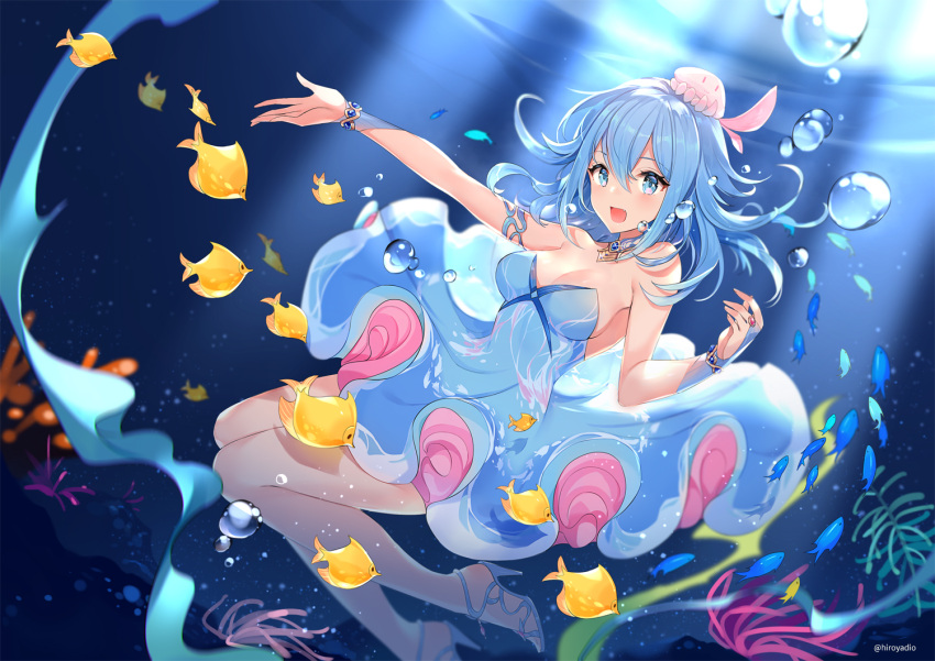 1girl :d air_bubble animal bangs bare_legs bare_shoulders blue_dress blue_eyes blue_footwear blue_hair blurry blush bracelet breasts brooch bubble catsizuru caustics chinese_commentary cleavage commentary_request coral dress fang fish freediving hair_between_eyes haiyi hand_up hat high_heels jellyfish jewelry light_rays long_hair looking_at_viewer medium_breasts motion_blur open_mouth outstretched_arm pink_hat school_of_fish sidelocks sleeveless sleeveless_dress smile solo strapless strapless_dress sunlight twitter_username underwater vocaloid water