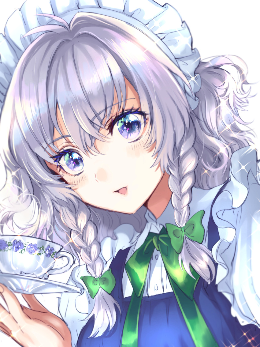 1girl bangs blue_dress blue_eyes blush bow braid breasts commentary_request cup dress eyebrows_visible_through_hair green_bow green_neckwear green_ribbon hair_between_eyes hair_bow highres holding holding_cup izayoi_sakuya looking_at_viewer maid maid_headdress medium_breasts medium_hair neck_ribbon parted_lips portrait puffy_short_sleeves puffy_sleeves ribbon rosette_(roze-ko) short_sleeves silver_hair simple_background smile solo sparkle teacup touhou twin_braids white_background