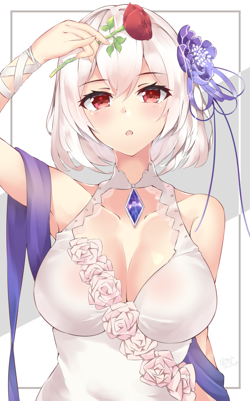 1girl absurdres amethyst_(gemstone) azur_lane bangs blush breasts cleavage cleavage_cutout dress eyebrows_visible_through_hair flower flower-trimmed_dress hair_between_eyes hair_flower hair_ornament hair_ribbon halter_dress highres holding holding_flower k-doku lace lace-trimmed_dress large_breasts looking_at_viewer open_mouth purple_flower purple_ribbon red_eyes red_flower red_rose ribbon rose short_hair sidelocks signature sirius_(azur_lane) solo white_dress white_hair