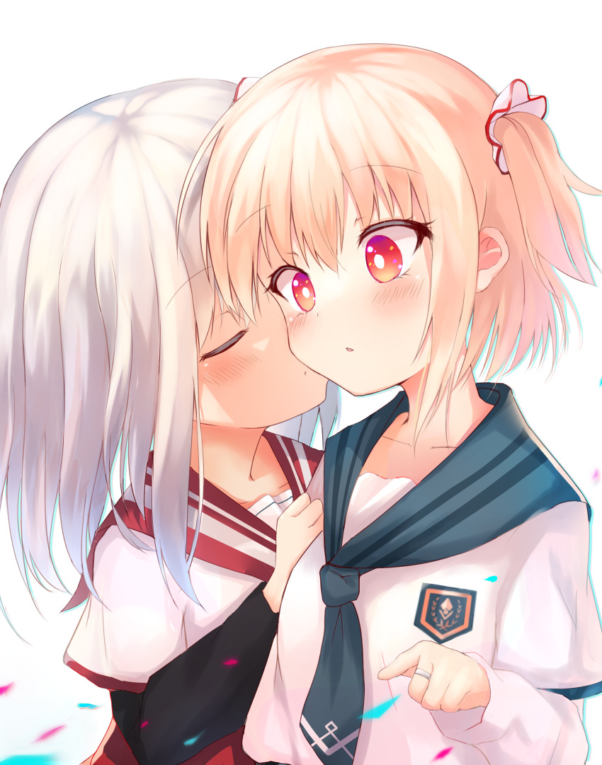 2girls :o absurdres ayano_rika bangs blonde_hair blue_sailor_collar blush cheek_kiss closed_eyes emblem eyebrows_visible_through_hair highres isuzu_ren jewelry kirk_(kir730) kiss long_sleeves magia_record:_mahou_shoujo_madoka_magica_gaiden mahou_shoujo_madoka_magica multiple_girls petals red_eyes red_sailor_collar ring sailor_collar shirt short_hair short_over_long_sleeves short_sleeves short_twintails twintails upper_body white_background white_hair white_shirt wind yuri