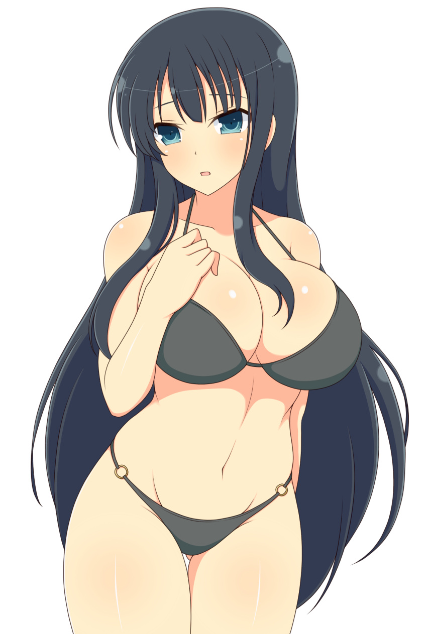 1girl :o arm_at_side bangs bare_arms barefoot bikini black_bikini black_hair blue_eyes blush boots breasts cleavage collarbone commentary_request cowboy_shot gluteal_fold hand_on_own_chest highres ichiryuu_tsumiki ikaruga_(senran_kagura) large_breasts long_hair looking_at_viewer navel o-ring o-ring_bottom open_mouth senran_kagura sidelocks simple_background solo stomach swimsuit thigh-highs thigh_boots very_long_hair white_background