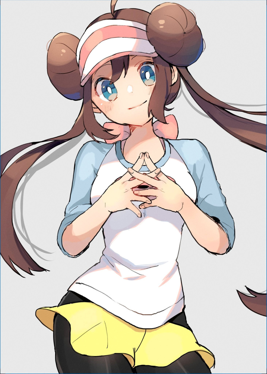 1girl ahoge black_legwear blue_eyes brown_hair creatures_(company) double_bun game_freak grey_background hands_together highres long_hair looking_at_viewer mei_(pokemon) nintendo pokemon pokemon_(game) pokemon_bw2 raglan_sleeves ribbon ririmon sidelocks simple_background skirt solo visor_cap