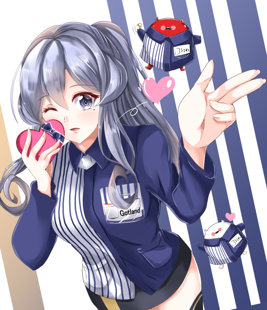 1girl alternate_costume black_legwear black_skirt blown_kiss blue_eyes blue_hair box breast_pocket employee_uniform enemy_lifebuoy_(kantai_collection) gotland_(kantai_collection) heart heart-shaped_box highres kantai_collection kentan_(kingtaiki) lawson long_hair long_sleeves miniskirt mole mole_under_eye name_tag one_eye_closed pocket shinkaisei-kan shirt skirt striped striped_background striped_shirt thigh-highs uniform vertical-striped_shirt vertical_stripes