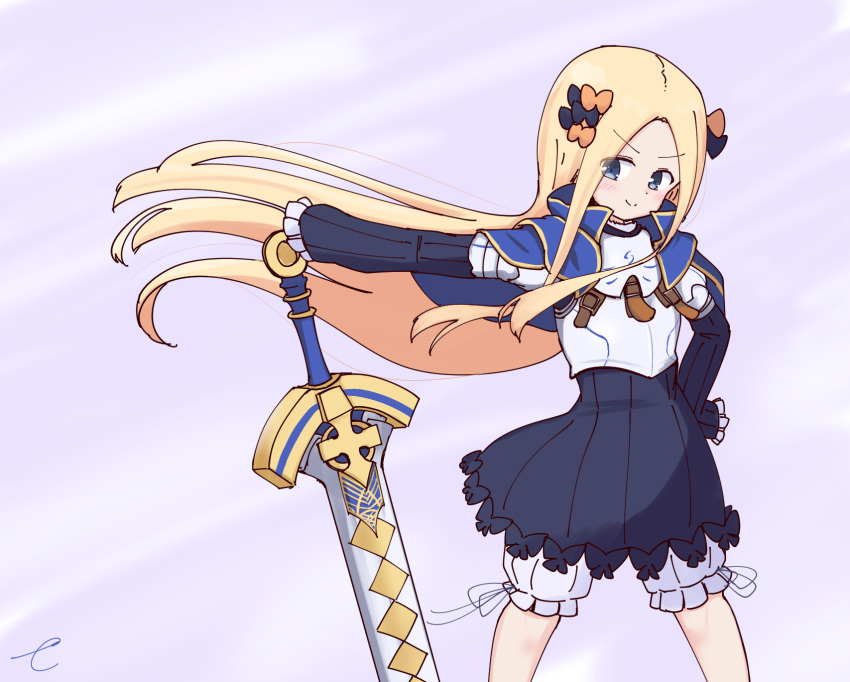&gt;:) 1girl abigail_williams_(fate/grand_order) bangs black_bow black_dress blonde_hair bloomers blue_capelet blue_eyes blush bow breastplate capelet closed_mouth commentary_request dress excalibur fate/grand_order fate_(series) floating_hair forehead hair_bow hand_on_hip head_tilt highres kujou_karasuma long_hair long_sleeves orange_bow parted_bangs signature sleeves_past_fingers sleeves_past_wrists smile solo underwear v-shaped_eyebrows very_long_hair white_bloomers