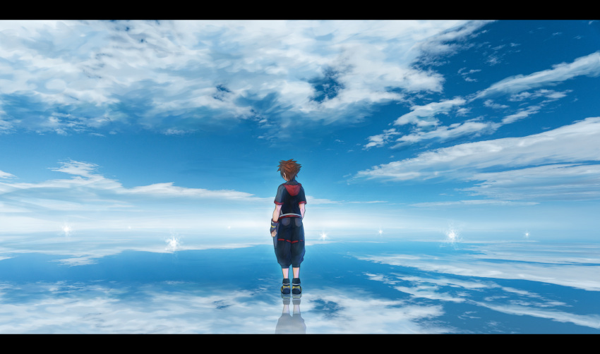 1boy absurdres akky_(akimi1127) black_pants black_shirt blue_sky brown_hair clouds cloudy_sky commentary_request day facing_away fingerless_gloves from_behind gloves grey_gloves highres kingdom_hearts kingdom_hearts_iii letterboxed male_focus outdoors pants puffy_pants scenery shirt shoes short_sleeves sky solo sora_(kingdom_hearts) standing yellow_footwear