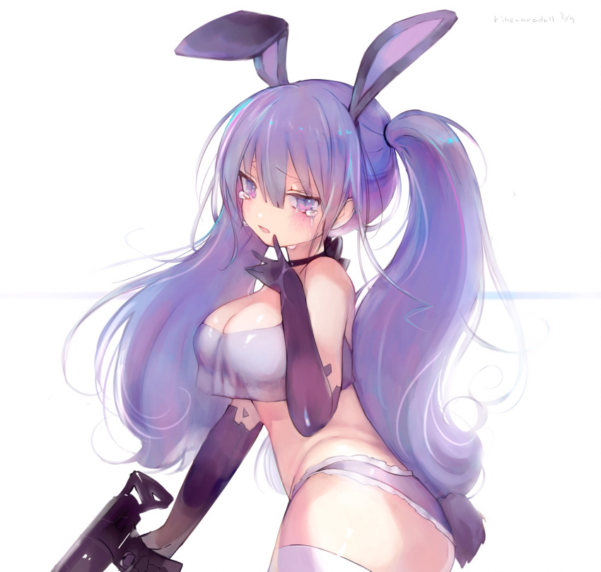 1girl animal_ears artist_name bangs bare_shoulders black_choker black_gloves blue_hair blush bra breasts bunny_girl bunny_tail choker cleavage cowboy_shot crying crying_with_eyes_open elbow_gloves gloves gun hair_between_eyes hand_up highres holding holding_gun holding_weapon long_hair looking_at_viewer medium_breasts open_mouth original panties rabbit_ears ribbon_choker sidelocks simple_background solo standing tail tears thigh-highs twintails underwear underwear_only violet_eyes weapon white_background white_bra white_legwear yukari_(rihenara_doll)