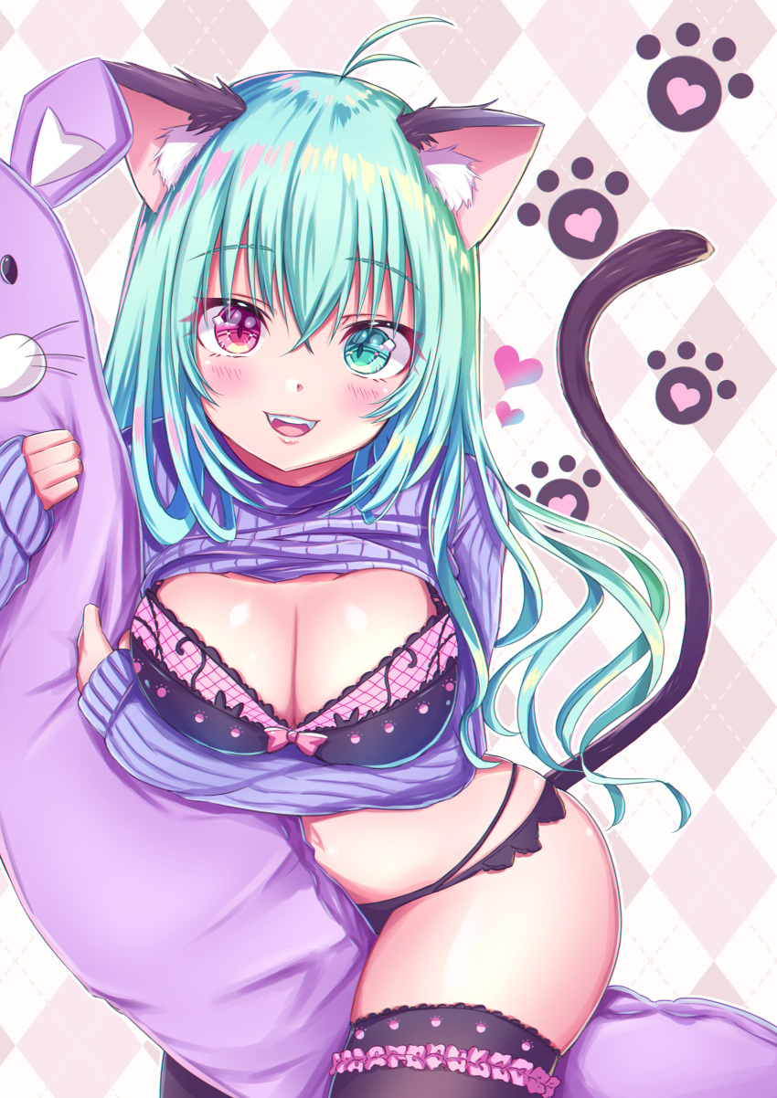 1girl :d absurdres animal_ear_fluff animal_ears antenna_hair aqua_eyes aqua_hair argyle argyle_background bangs between_legs black_bra black_legwear black_panties blush bra breasts cat_ears cat_girl cat_tail cleavage clothes_lift commentary_request crossed_bangs doll_hug fangs heart heterochromia highres lace lace-trimmed_bra large_breasts lingerie long_hair long_sleeves looking_at_viewer navel open_mouth original panties purple_sweater red_eyes ribbed_sweater sleeves_past_wrists smile solo stomach stuffed_animal stuffed_toy sweater sweater_lift tail tenzeru thigh-highs underwear