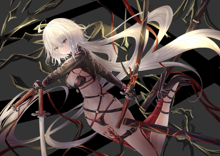 1girl 428_(user_uzpe7478) absurdres ahoge bikini black_bikini black_choker black_gloves black_jacket choker closed_mouth commentary_request cropped_jacket fate/grand_order fate_(series) gloves grey_background high_heels highres jacket jeanne_d'arc_(alter_swimsuit_berserker) jeanne_d'arc_(fate)_(all) katana long_hair navel o-ring o-ring_bikini o-ring_bottom o-ring_top red_legwear shrug_(clothing) single_thighhigh solo swimsuit sword thigh-highs thigh_strap weapon white_hair yellow_eyes