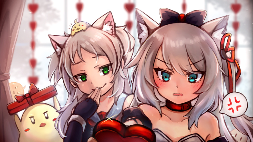 2girls anger_vein animal_ear_fluff animal_ears azur_lane blue_eyes blurry blush bow box cat_ears collar collarbone depth_of_field eyebrows_visible_through_hair gift gift_box green_eyes hair_bow hair_ribbon hammann_(azur_lane) hand_to_own_mouth heart heart-shaped_box highres holding holding_gift looking_at_viewer miya_(pixiv15283026) multiple_girls red_collar ribbon siblings sims_(azur_lane) sisters smug spoken_anger_vein valentine white_hair window