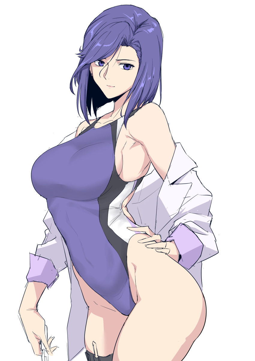 1girl absurdres bob_cut breasts character_request closed_mouth competition_swimsuit copyright_request cowboy_shot dress_shirt flat_color hand_on_hip harukon_(halcon) highleg highleg_swimsuit highres large_breasts looking_at_viewer one-piece_swimsuit open_clothes purple_hair shirt short_hair simple_background solo swimsuit thigh_strap violet_eyes white_background work_in_progress