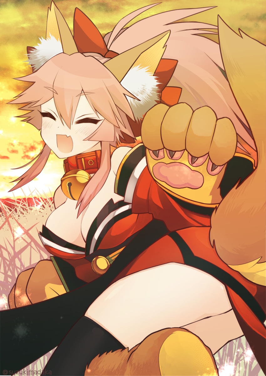 1girl animal_ear_fluff animal_ears bell bell_collar blush breasts cat_paws cleavage closed_eyes collar fangs fate/grand_order fate_(series) fox_ears fox_girl fox_tail gloves hair_ornament hair_ribbon highres japanese_clothes jingle_bell kimono large_breasts long_hair nature open_mouth outdoors paw_gloves paw_shoes paws pink_hair ponytail red_kimono red_ribbon ribbon shoes suzukimadaka tail tamamo_(fate)_(all) tamamo_cat_(fate)