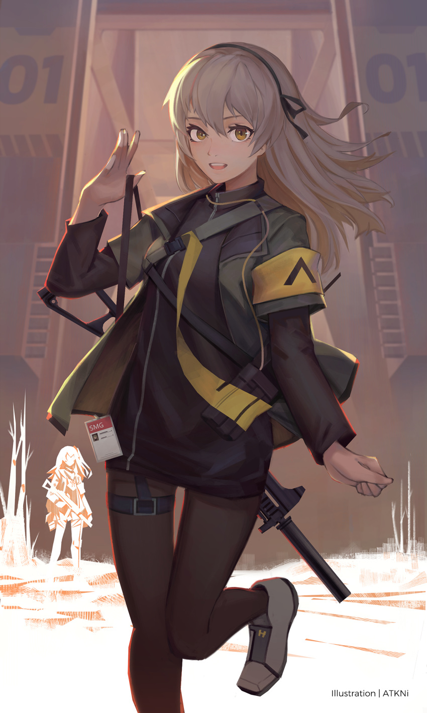 2girls absurdres armband artist_name atokani full_body girls_frontline grey_hair gun h&amp;k_ump hair_between_eyes hairband heckler_&amp;_koch highres jacket long_hair looking_at_viewer multiple_girls pantyhose sling sling_(weapon) smile submachine_gun suppressor thigh_strap ump40_(girls_frontline) ump45_(girls_frontline) weapon yellow_eyes