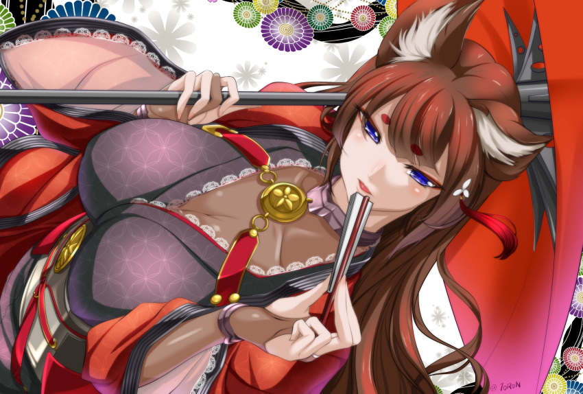 1girl absurdres amagi_(azur_lane) animal_ears azur_lane bangs blunt_bangs blush breasts bridal_gauntlets brown_gloves brown_hair choker cleavage coat collarbone commentary_request eyebrows_visible_through_hair fan fox_ears gloves hair_ornament half-closed_eyes highres holding holding_fan holding_umbrella japanese_clothes kimono large_breasts lips long_hair long_sleeves looking_at_viewer obi open_mouth oriental_umbrella purple_kimono red_coat sash short_eyebrows solo thick_eyebrows toron_(mino106) umbrella violet_eyes wide_sleeves