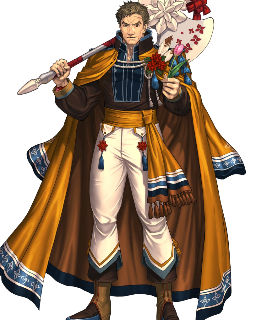 1boy alternate_costume axe boots bow brown_eyes brown_hair cape feathers fire_emblem fire_emblem:_akatsuki_no_megami fire_emblem:_souen_no_kiseki fire_emblem_heroes flower full_body greil highres izuka_daisuke male_focus nintendo scar solo transparent_background