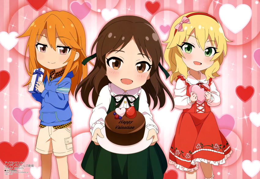 3girls :d absurdres bangs blonde_hair blue_hoodie blush bow box brown_eyes brown_hair cake chibi chocolate_cake cinderella_girls_gekijou collared_shirt creative_house_pocket dress eyebrows_visible_through_hair eyes_visible_through_hair floral_print food frilled_shirt frills green_dress green_eyes green_ribbon hair_between_eyes hair_bow hair_ribbon hairband half-closed_eyes heart heart-shaped_box heart_background highres holding holding_box holding_cake holding_plate hood hoodie idolmaster idolmaster_cinderella_girls looking_at_viewer magazine_scan medium_hair megami multiple_girls neck_ribbon offering official_art open_mouth orange_hair parted_bangs pink_bow plaid plaid_shirt plate print_dress print_hoodie red_dress red_hairband ribbon sakurai_momoka scan shiny shiny_hair shirt shorts smile sparkle_background standing striped striped_background tachibana_arisu tongue valentine vertical-striped_background vertical_stripes white_shirt white_shorts yellow_shirt yuuki_haru