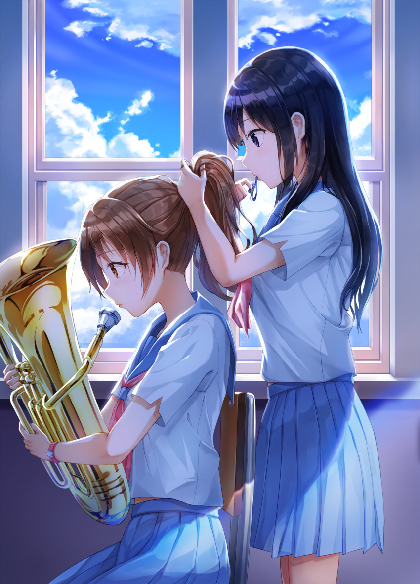 2girls adjusting_hair backlighting bangs black_hair blue_sailor_collar blue_skirt blue_sky brown_hair chair clouds cloudy_sky day from_side hair_tie_in_mouth hibike!_euphonium highres holding holding_instrument indoors instrument kousaka_reina long_hair lunacle mouth_hold multiple_girls neckerchief oumae_kumiko pleated_skirt ponytail profile red_neckwear sailor_collar school_uniform serafuku shirt short_sleeves sidelocks sitting skirt sky standing tuba watch watch white_shirt window