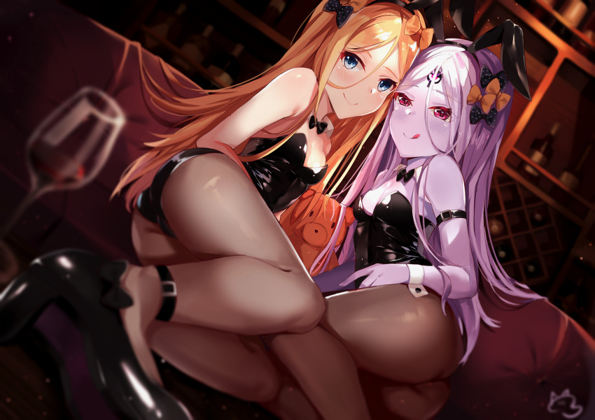 2girls :q abigail_williams_(fate/grand_order) animal_ears ass bangs bare_shoulders black_bow black_footwear black_hairband black_leotard black_neckwear blonde_hair blue_eyes blurry blurry_background blurry_foreground blush bottle bow bowtie breasts brown_legwear bunnysuit cleavage closed_mouth collar commentary_request couch cup depth_of_field detached_collar drinking_glass dual_persona dutch_angle eyebrows_visible_through_hair fake_animal_ears fate/grand_order fate_(series) fingernails hair_between_eyes hair_bow hairband high_heels highres indoors leotard long_hair multiple_girls nahaki orange_bow pale_skin pantyhose parted_bangs polka_dot polka_dot_bow purple_hair rabbit_ears red_eyes shoe_soles shoes signature small_breasts smile strapless strapless_leotard stuffed_animal stuffed_toy teddy_bear tongue tongue_out very_long_hair white_collar wine_bottle wine_glass wing_collar wrist_cuffs