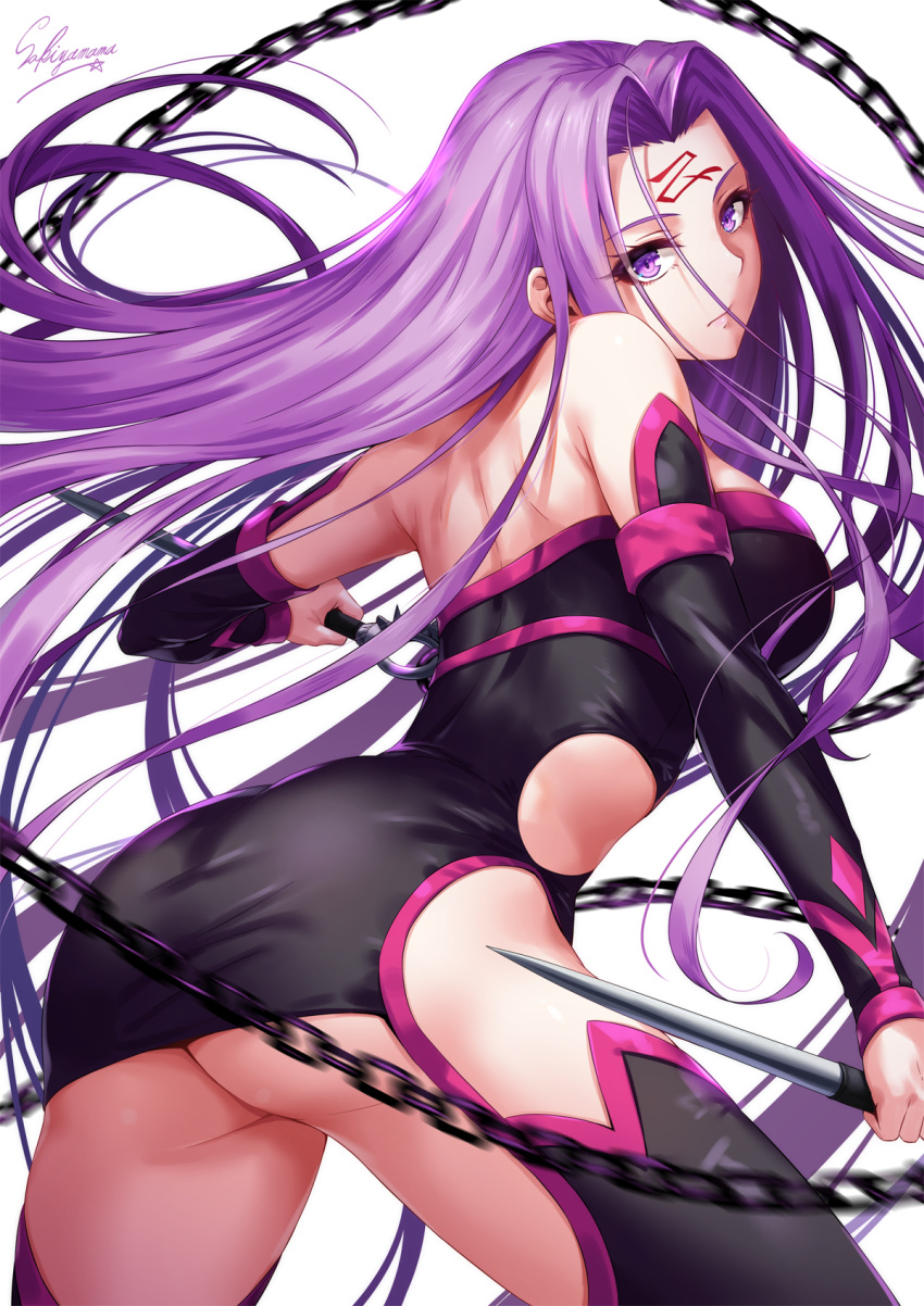 1girl artist_name ass back bangs bare_shoulders black_dress black_legwear breasts chains commentary_request dagger detached_sleeves dress facial_mark fate/stay_night fate_(series) forehead_mark highres large_breasts long_hair looking_at_viewer looking_back purple_hair rider sakiyamama short_dress signature solo strapless strapless_dress thighs very_long_hair violet_eyes weapon