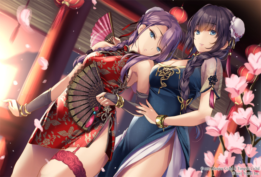 2girls alternate_costume alternate_hairstyle ankle_ribbon anklet azur_lane bangle bangs bare_legs bare_shoulders black_legwear blue_dress blue_eyes blush bow bracelet braid breasts bridal_gauntlets brown_gloves bun_cover china_dress chinese_clothes cleavage cleavage_cutout closed_mouth curacoa_(azur_lane) curlew_(azur_lane) double_bun dress eyebrows_visible_through_hair fan flower folding_fan gloves gold gold_trim groin hair_between_eyes hair_bow hair_bun hair_flower hair_ornament head_tilt holding holding_fan indoors jewelry large_breasts leg_garter long_hair moneti_(daifuku) multiple_girls official_art pelvic_curtain petals pink_flower purple_hair purple_ribbon red_dress ribbon side_braid sidelocks single_braid skindentation smile standing sunset taut_clothes taut_dress thighs watermark