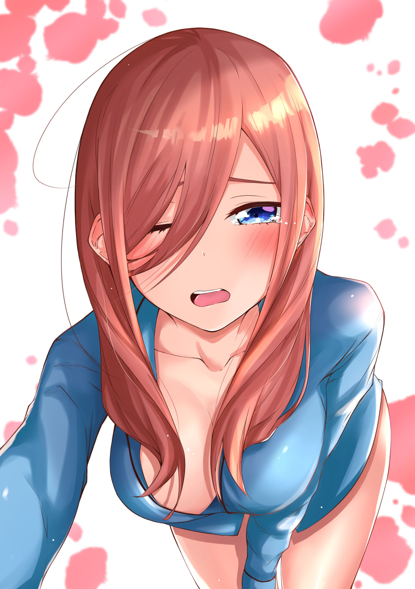 1girl absurdres bangs bending_forward blue_eyes blue_shirt blush breasts cleavage collarbone color_iroha commentary_request go-toubun_no_hanayome hair_between_eyes hair_over_one_eye highres legs long_hair long_sleeves looking_at_viewer medium_breasts nakano_miku naked_shirt one_eye_closed open_mouth redhead shiny shiny_hair shirt solo teeth thighs