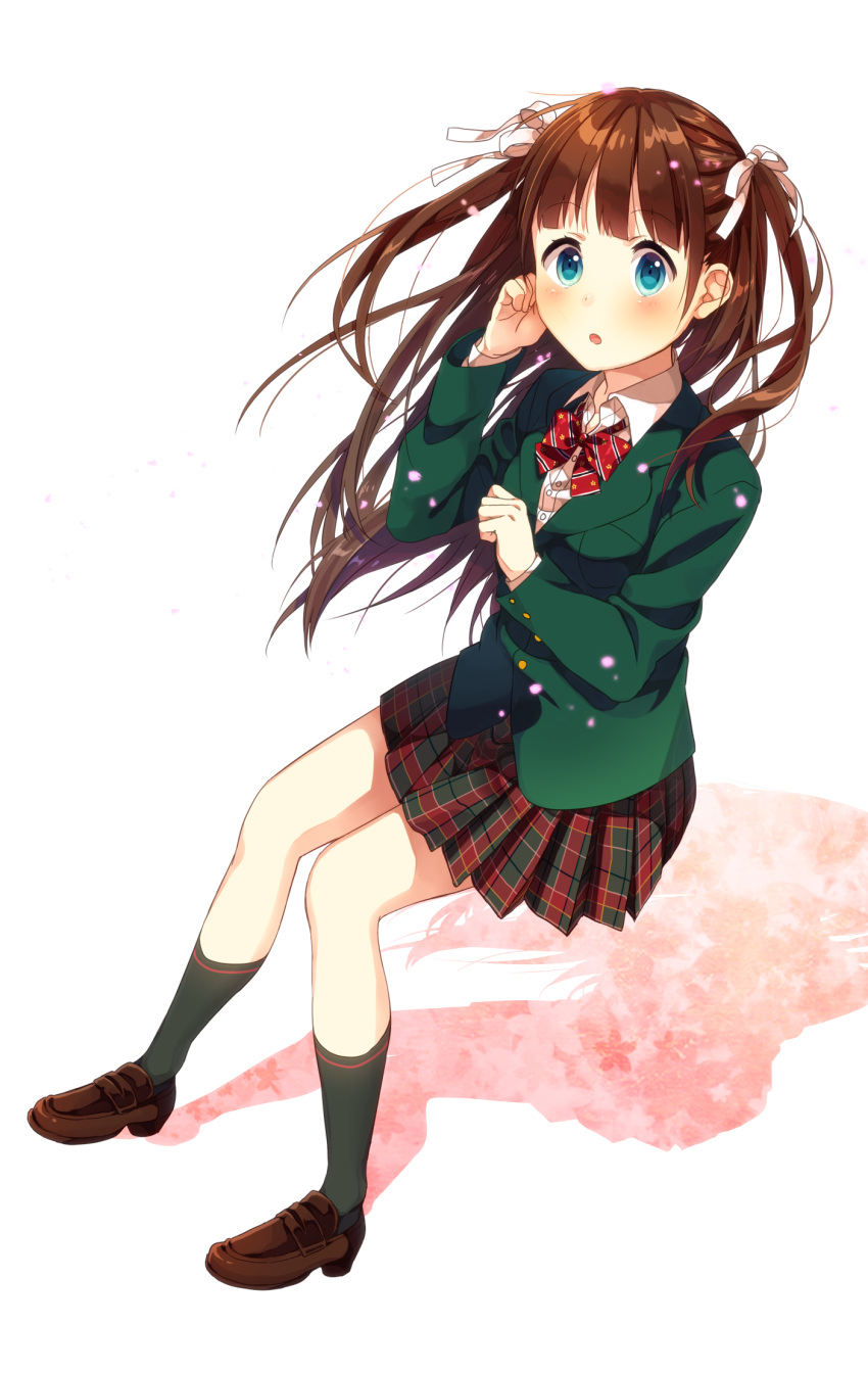 1girl :o blazer blue_eyes bow brown_footwear brown_hair dress_shirt eyebrows_visible_through_hair floating_hair green_jacket green_legwear hair_ribbon highres invisible_chair jacket kotori_(gokigen_iori) loafers long_hair long_sleeves looking_at_viewer miniskirt open_mouth original pleated_skirt red_bow ribbon school_uniform shirt shoes simple_background sitting skirt solo striped striped_neckwear twintails very_long_hair white_background white_ribbon white_shirt