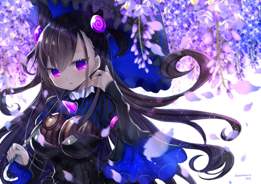 1girl absurdres bangs black_dress black_umbrella blue_umbrella blurry blurry_background blurry_foreground breasts brown_hair commentary_request depth_of_field dress eyebrows_visible_through_hair fate/grand_order fate_(series) flower frilled_umbrella frills hair_between_eyes hair_ornament highres holding holding_umbrella huge_filesize juliet_sleeves kohaku_muro large_breasts long_hair long_sleeves murasaki_shikibu_(fate) parted_lips petals puffy_sleeves purple_flower ribbon-trimmed_dress ribbon_trim sleeves_past_wrists solo striped twitter_username two_side_up umbrella upper_body vertical-striped_dress vertical_stripes very_long_hair violet_eyes