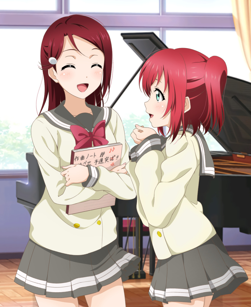 2girls :d ^_^ bangs book clenched_hands closed_eyes closed_eyes commentary_request curtains day grand_piano green_eyes grey_skirt hair_ornament hairclip hands_up highres holding holding_book indoors instrument kurosawa_ruby kuusuke_(yo_suke39) long_hair long_sleeves looking_at_another love_live! love_live!_sunshine!! miniskirt multiple_girls open_mouth piano piano_bench pleated_skirt redhead sakurauchi_riko school_uniform serafuku short_hair skirt smile translation_request two_side_up uranohoshi_school_uniform window