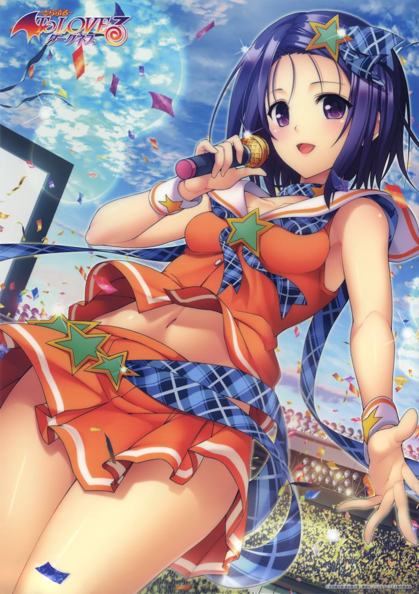 1girl :d absurdres asphyxiation blue_hair blue_neckwear blue_ribbon blue_sky breasts choking clouds collarbone copyright_name cowboy_shot day dress dress_shirt dutch_angle from_below hair_ornament hair_ribbon highres holding holding_microphone idol lens_flare microphone midriff miniskirt navel official_art open_mouth orange_dress orange_skirt outdoors outstretched_hand pleated_skirt ribbon sailor_collar sairenji_haruna shirt short_hair skirt sky sleeveless sleeveless_shirt small_breasts smile solo sparkle stage standing star star_hair_ornament star_print stomach to_love-ru violet_eyes white_sailor_collar wristband yabuki_kentarou