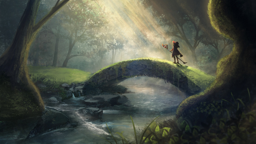 1girl bridge cape commentary facing_away forest grass hat highres holding holding_staff kazu9029-paint kono_subarashii_sekai_ni_shukufuku_wo! light_rays megumin nature overgrown river scenery shadow solo staff standing sunbeam sunlight tree witch_hat