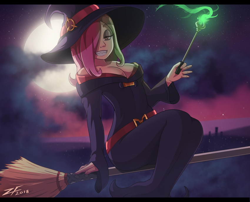 1girl 2018 bare_shoulders breasts broom broom_riding commentary english_commentary gehn94 glowing hair_over_one_eye half-closed_eyes halloween hat highres light little_witch_academia long_hair luna_nova_school_uniform magic medium_breasts moon moonlight pink_hair red_eyes school_uniform sharp_teeth signature smile solo sucy_manbavaran teeth wand witch witch_hat