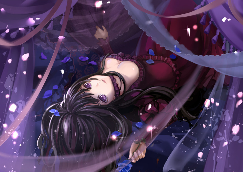 1girl aohigeko bangs black_hair blue_flower blue_petals blue_rose breasts cleavage curtain_grab curtains dress flower long_dress long_hair long_sleeves looking_at_viewer lying marchen monogo on_back parted_lips petals pink_petals red_dress rose sleeves solo sound_horizon violet_eyes