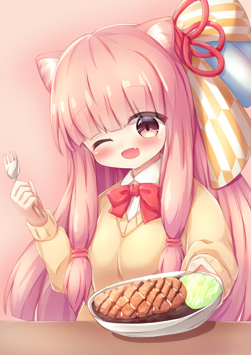 1girl ;d animal_ear_fluff animal_ears bangs blush bow bowtie brown_background brown_eyes brown_sweater cat_ears collared_shirt curry eyebrows_visible_through_hair fang food fork hair_ornament hair_ribbon hand_up head_tilt highres holding holding_fork holding_plate kemonomimi_mode kotonoha_akane long_hair long_sleeves meat one_eye_closed open_mouth pink_hair plate red_neckwear red_ribbon ribbon shirt sidelocks simple_background smile solo sweater table upper_body very_long_hair voiceroid waste_(arkaura) white_shirt