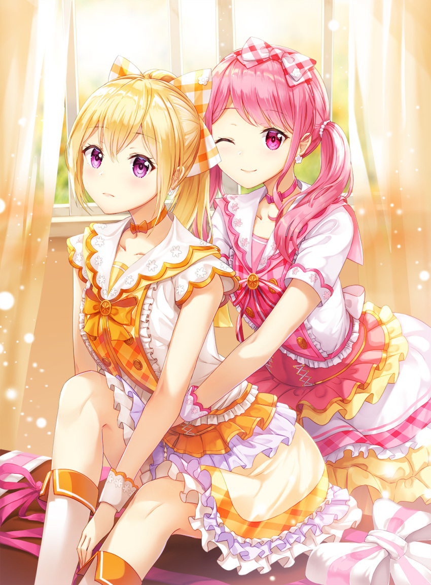 2girls bang_dream! bangs blonde_hair blush boots bow bowtie breasts choker closed_mouth collarbone curtains day dress frilled_dress frills hair_bow hair_ribbon highres hug indoors knee_boots knee_up light_particles long_hair looking_at_viewer lunacle maruyama_aya multiple_girls neck_ribbon one_eye_closed orange_choker orange_neckwear pink_bow pink_choker pink_eyes pink_hair pink_neckwear plaid plaid_ribbon ponytail revision ribbon shirasagi_chisato short_sleeves sidelocks sitting small_breasts smile twintails violet_eyes white_dress white_footwear wrist_cuffs yellow_ribbon