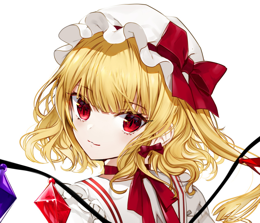 1girl absurdres bangs blonde_hair bow choker commentary_request crystal daimaou_ruaeru eyebrows_visible_through_hair flandre_scarlet frilled_shirt_collar frills from_behind hair_between_eyes hat hat_bow highres long_hair looking_at_viewer looking_back mob_cap one_side_up portrait red_bow red_choker red_eyes red_ribbon ribbon ribbon_choker simple_background smile solo touhou white_background white_hat wings
