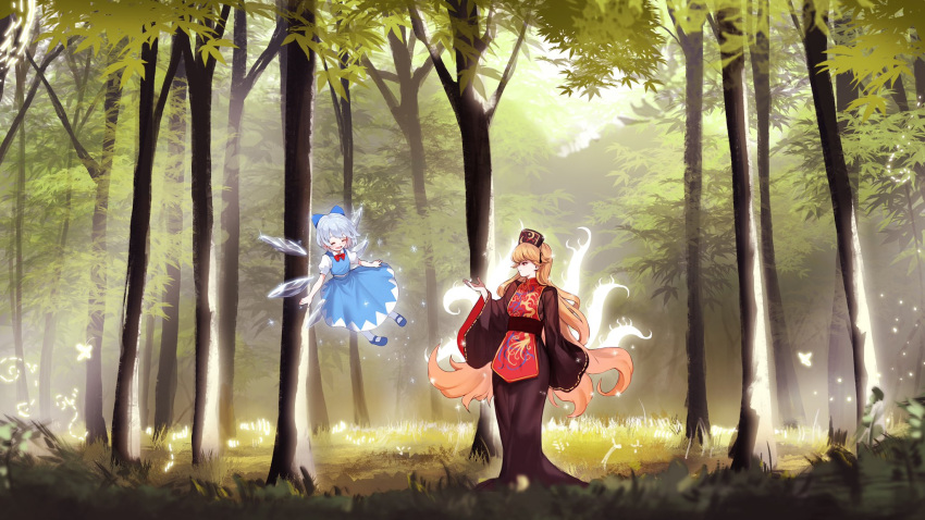 2girls ^_^ aura bangs black_dress black_sash blonde_hair blue_bow blue_footwear blue_hair blue_skirt blue_vest blush bow bowtie cirno closed_eyes closed_eyes dress floating forest full_body grass hair_bow headdress heoningu highres ice ice_wings junko_(touhou) long_dress long_hair long_sleeves looking_at_another mary_janes multiple_girls nature open_mouth outdoors profile puffy_short_sleeves puffy_sleeves red_bow red_eyes red_neckwear sash shirt shoes short_hair short_sleeves skirt skirt_set smile sparkle standing tabard touhou tree very_long_hair vest white_legwear white_shirt wide_sleeves wings